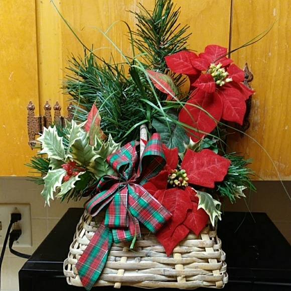 Other - Holiday Poinsettia Centerpiece basket arrangement decor mantel table